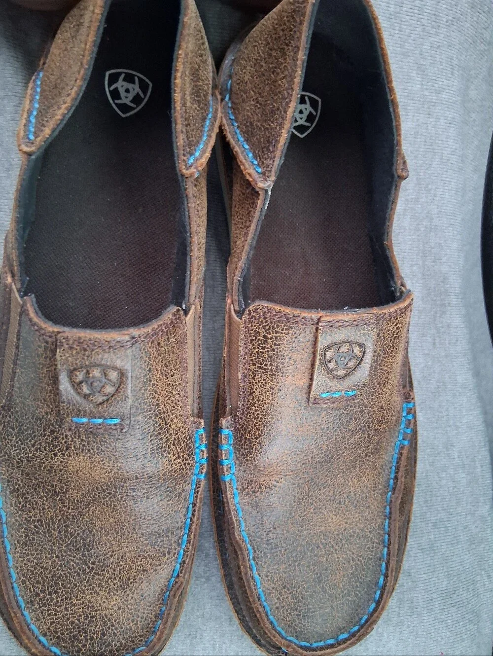 Ariat Brown Leather Slip-On Loafers with Blue Stitching